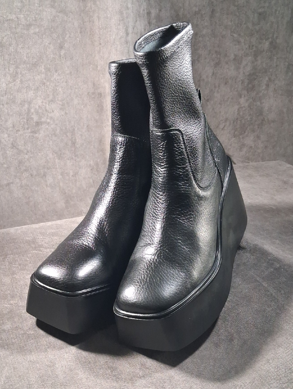 L'Intervalle Black Leather Stretch Upper Wedge Ankle Platform Boots VG US 8.5-9